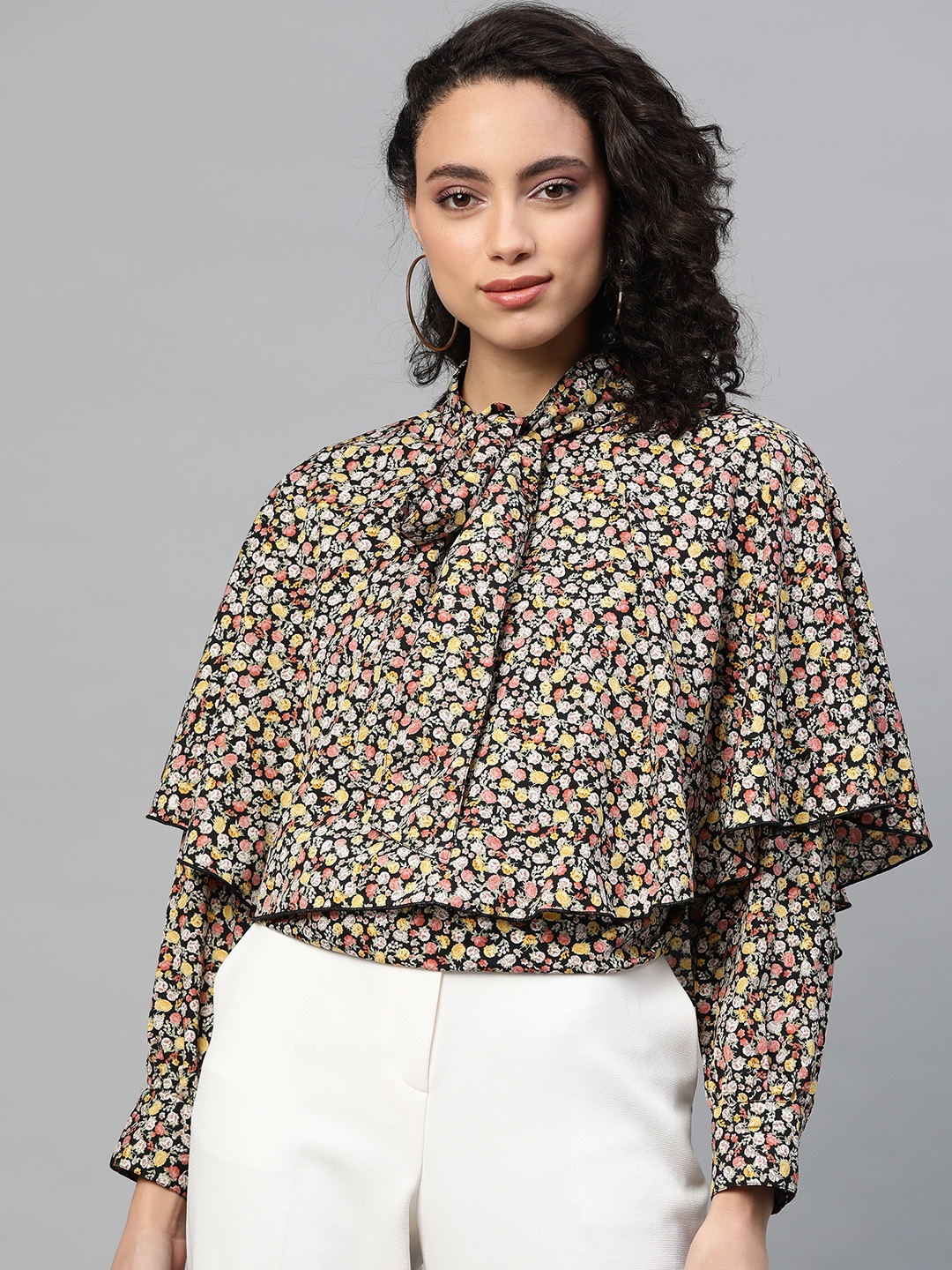 

plusS Women Black & Yellow Floral Printed Layered Top With Tie-Ups
