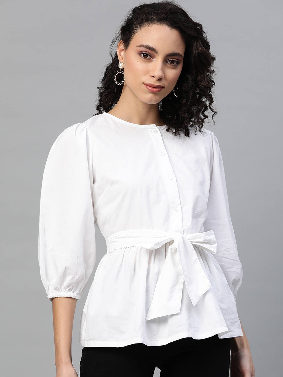 

plusS Women White Solid Pure Cotton Cinched Waist Top With Tie-ups