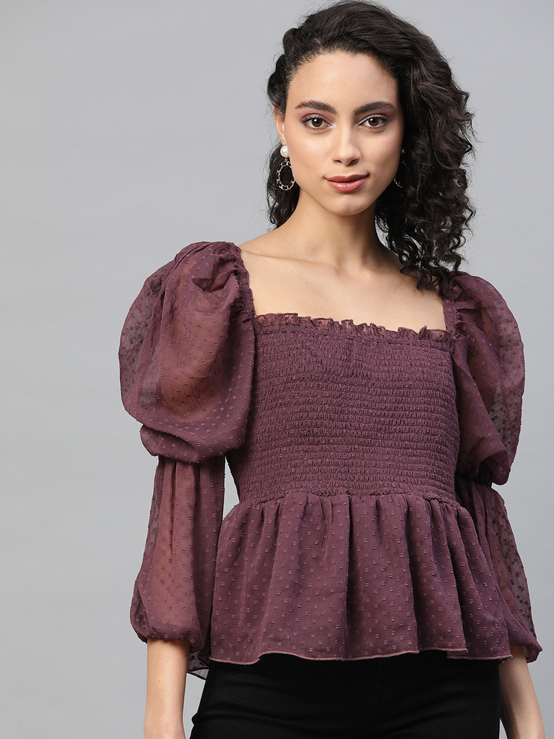 

plusS Women Burgundy Self-Design Smocked Peplum Top