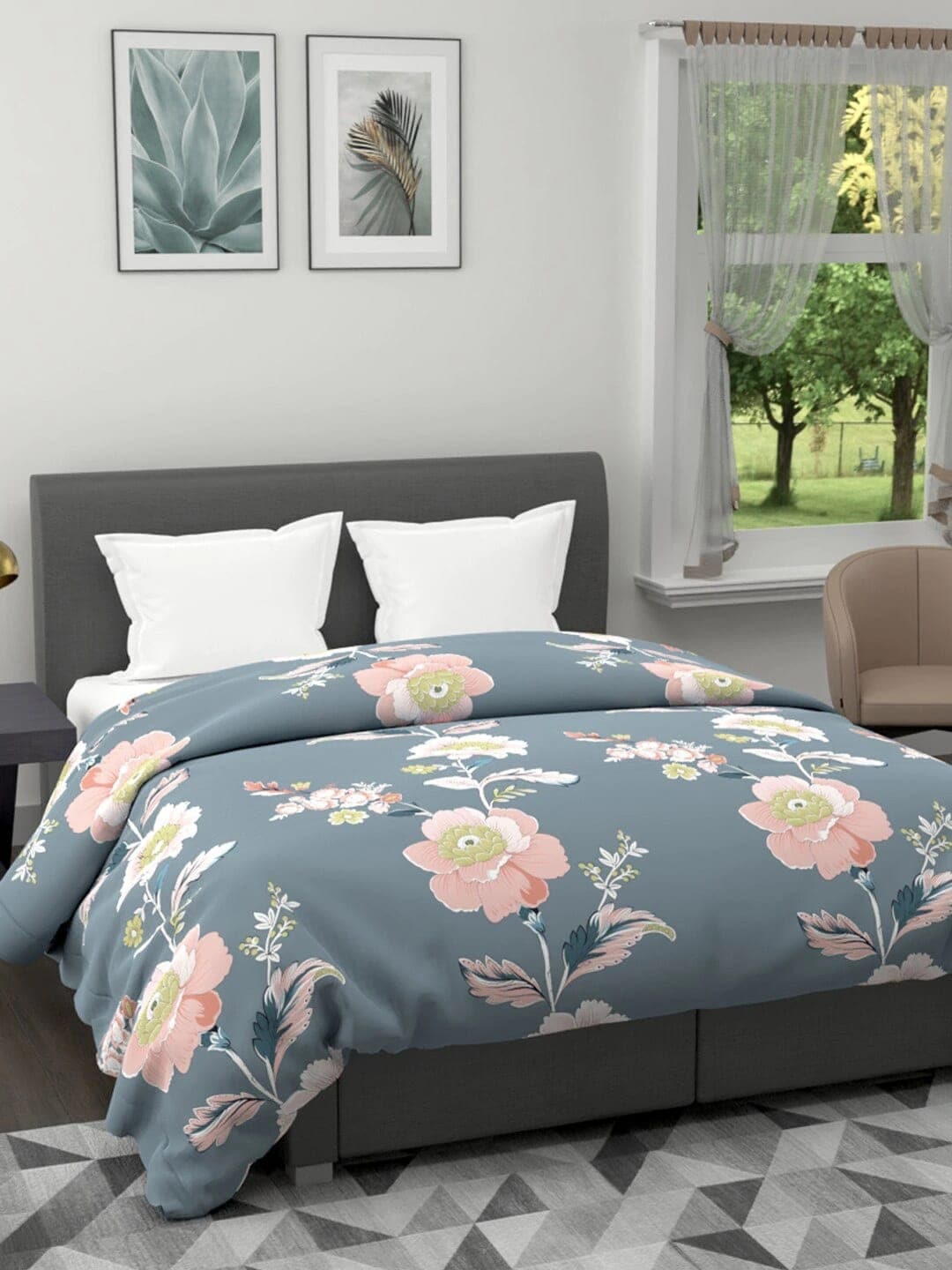 

Clasiko Unisex Grey Melange Floral 120 GSM All Weather Reversible Double Bed Quilt Comforter