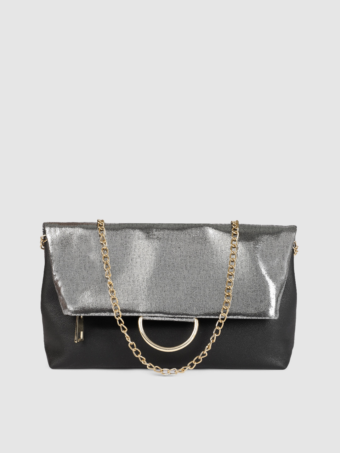 

Baggit Women Black & Silver-Toned Solid Foldover Clutch