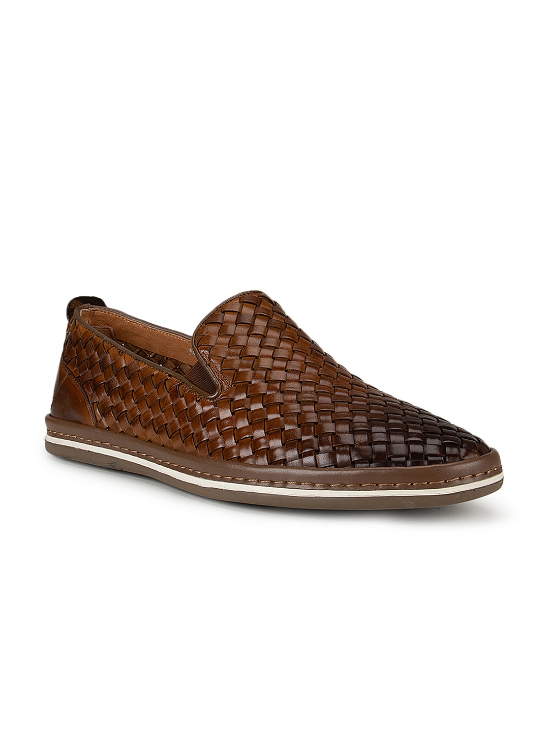 

ROSSO BRUNELLO Men Tan Brown Braided Leather Slip-On Shoes