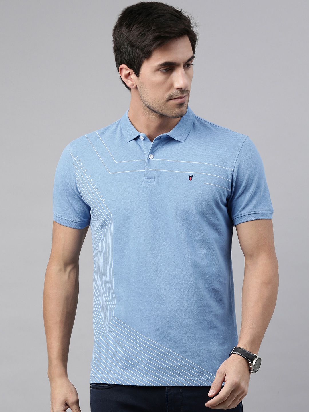 

Louis Philippe Jeans Men Blue White Pure Cotton Striped Polo Collar Pure Cotton T-shirt