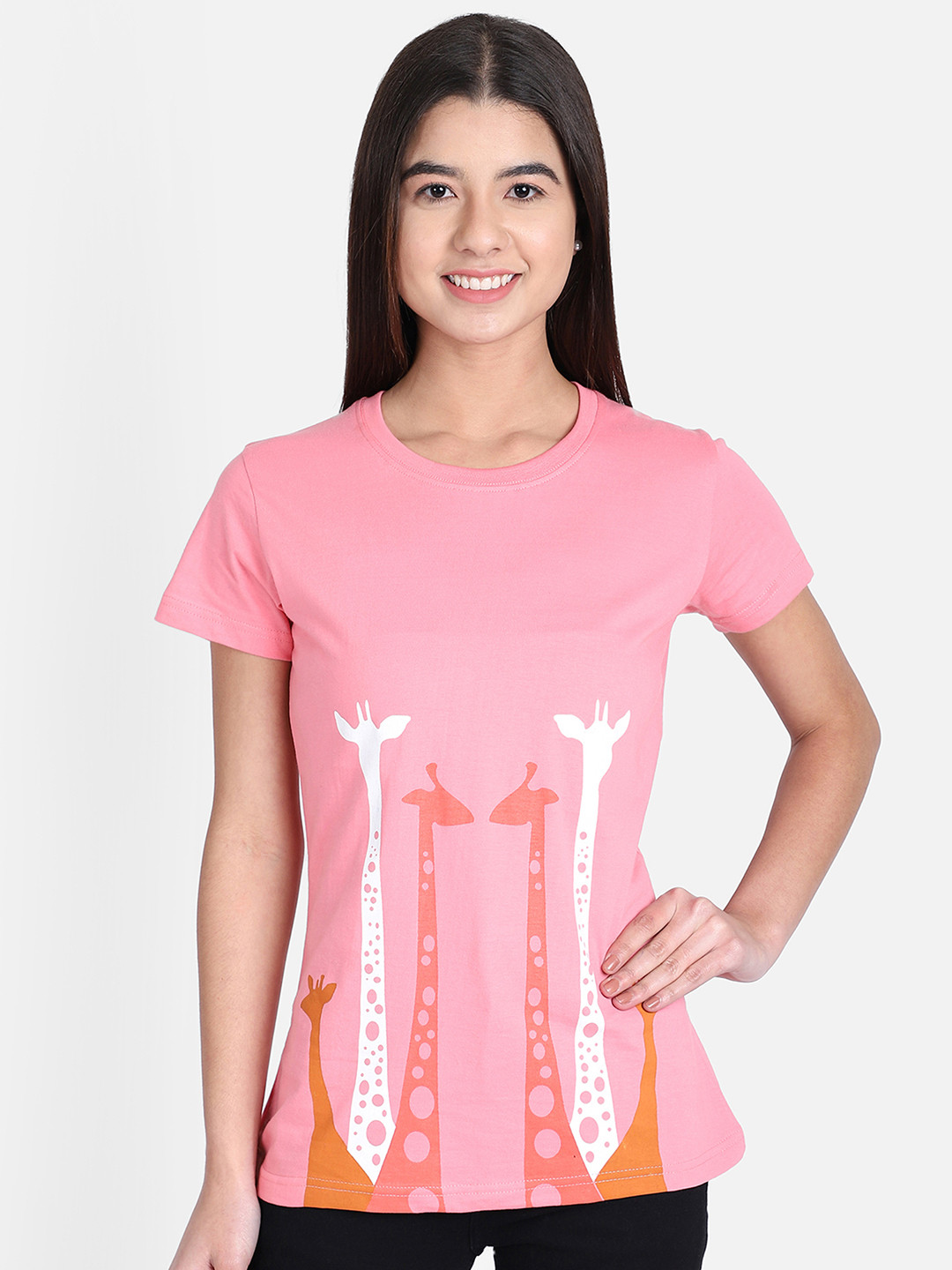 

OBOW Women Pink Printed Round Neck Pure Cotton T-shirt