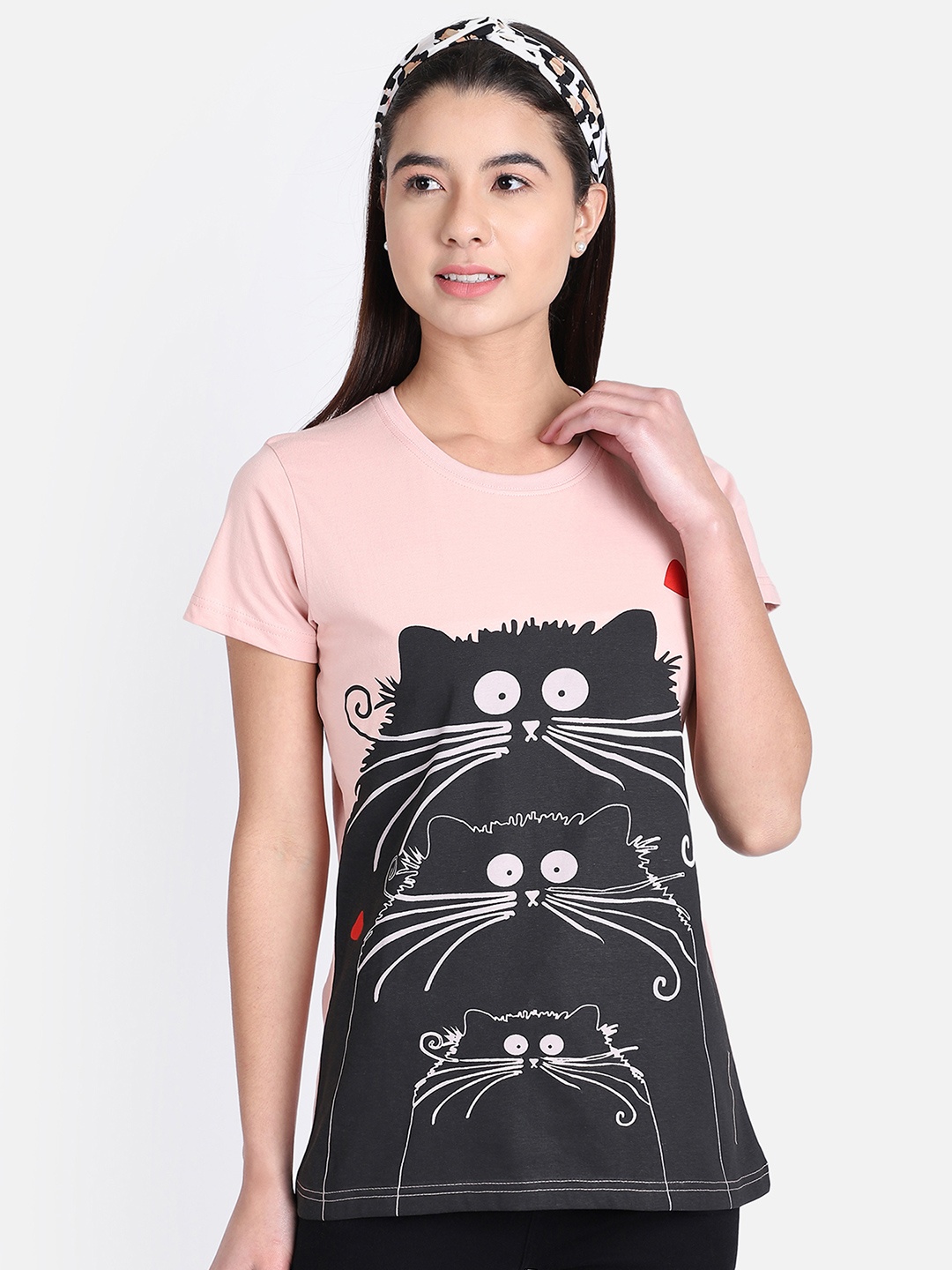 

OBOW Women Pink Black Printed Round Neck Pure Cotton T-shirt