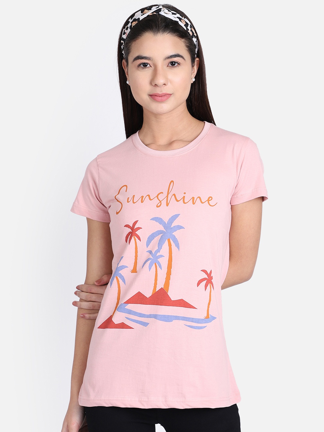 

OBOW Women Pink Printed Round Neck Pure Cotton T-shirt