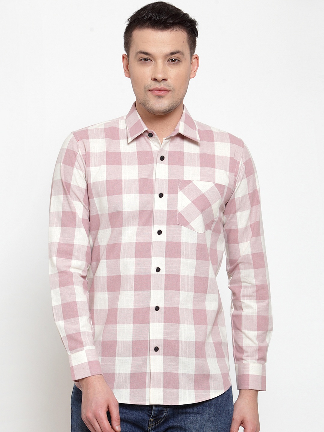 

Purple State Men White & Pink Slim Fit Checked Casual Shirt