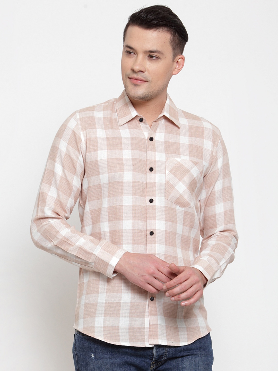 

Purple State Men White & Peach-Coloured Slim Fit Checked Casual Shirt