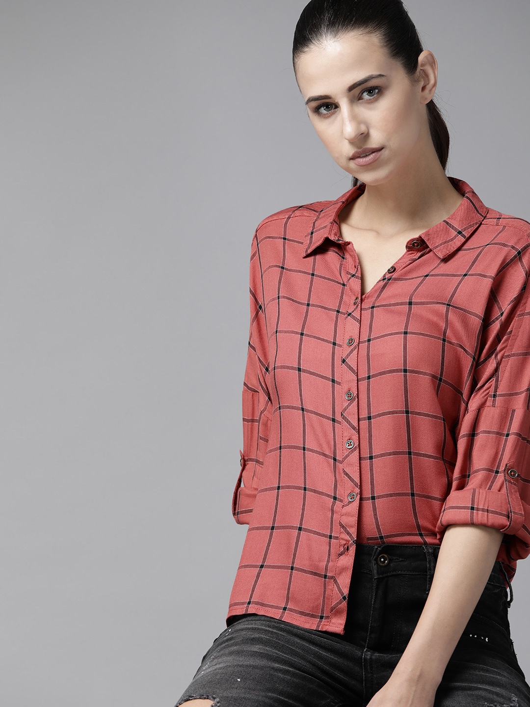 

Roadster Women Rust Red Black Windowpane Checked Casual Shirt