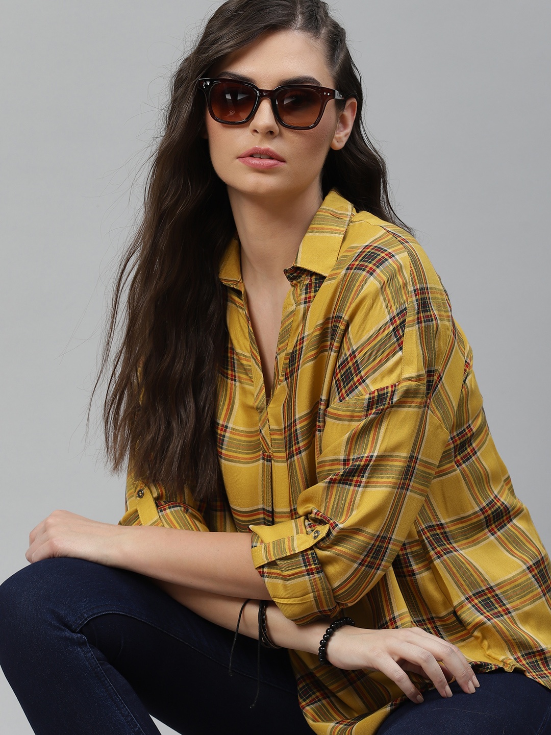 

The Roadster Lifestyle Co Women Ecovero Mustard Yellow Black Boxy Checked High-Low Shirt Style Top