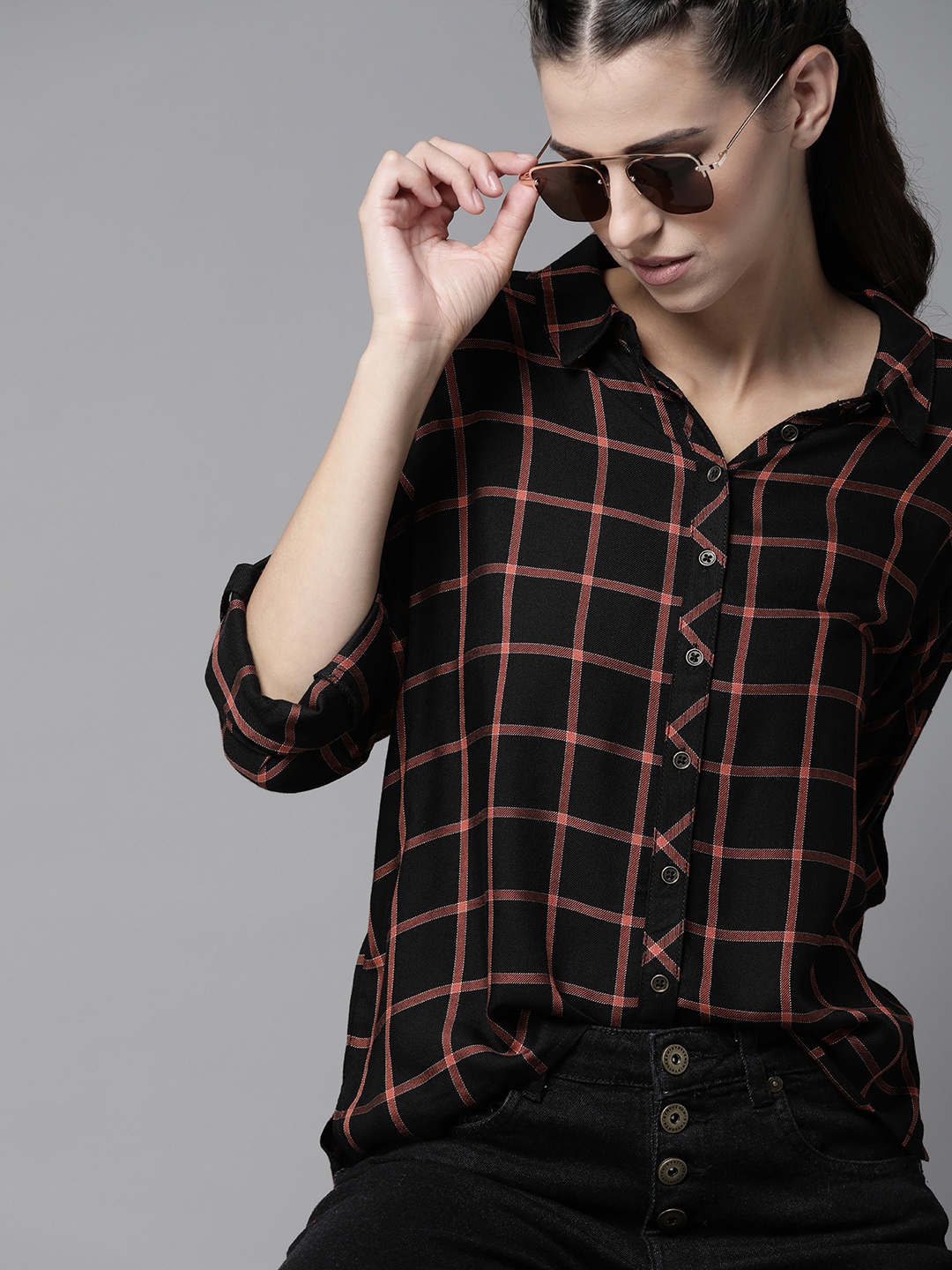 

The Roadster Lifestyle Co Women Black & Rust Orange Checked Casual Shirt