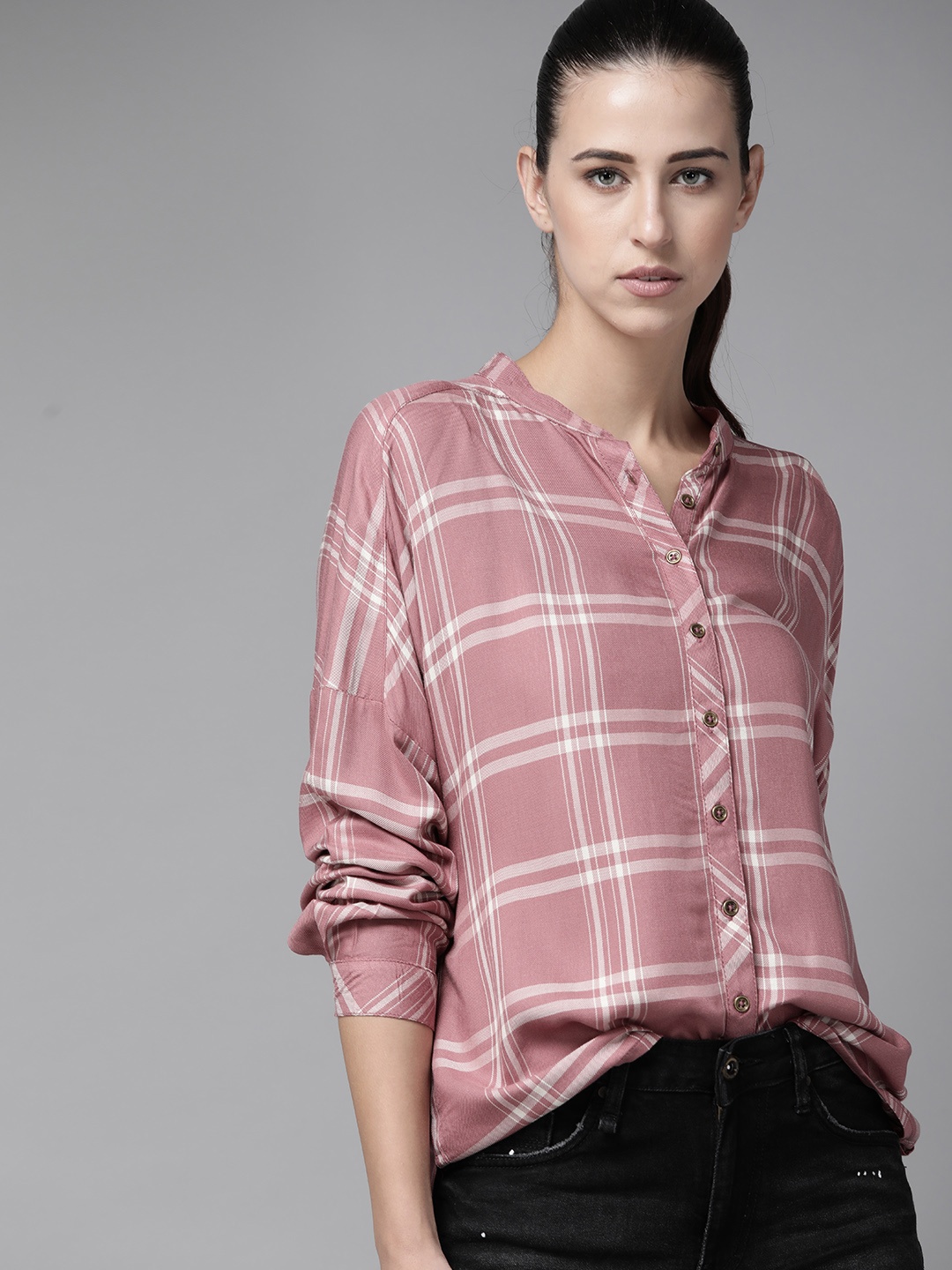 

The Roadster Lifestyle Co Women Mauve & Off-White Checked Sustainable Casual Shirt