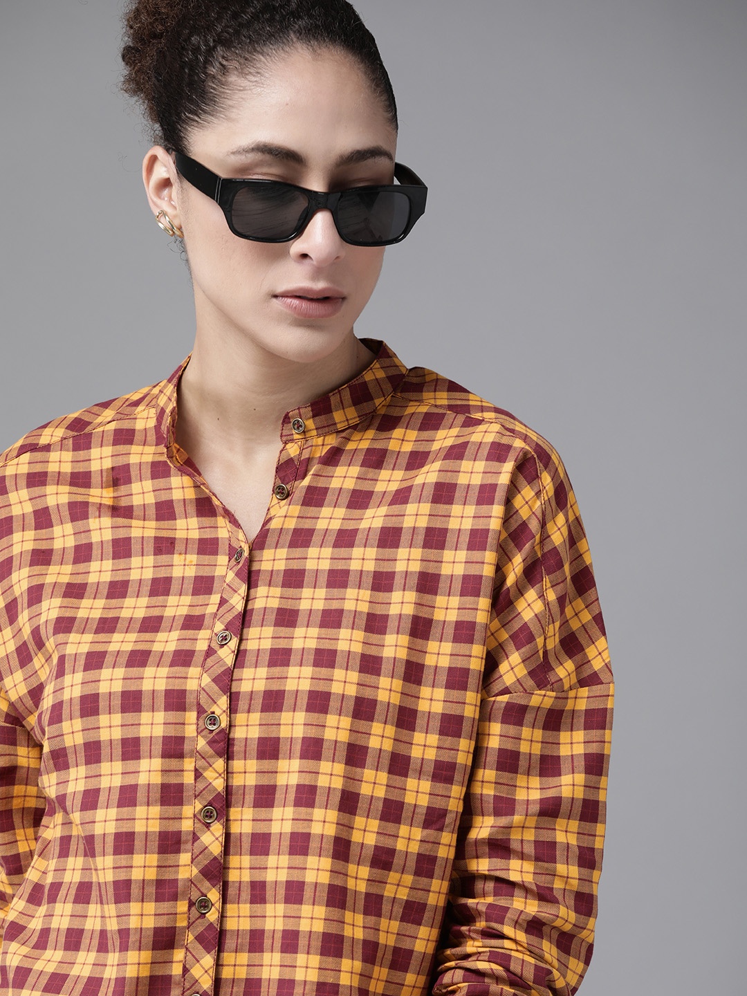 

The Roadster Lifestyle Co Women Mustard Yellow Magenta Tartan Checked Sustainable Boxy Fit Casual Shirt