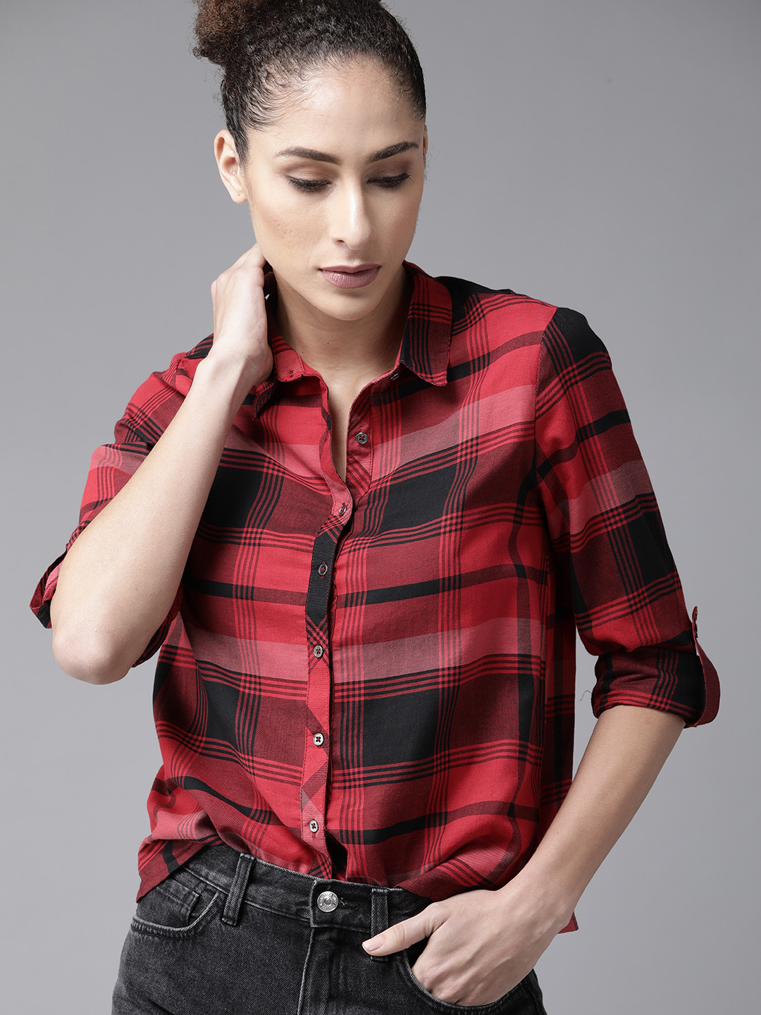 

The Roadster Lifestyle Co Women Red Black Pure Cotton Tartan Checks Casual Shirt