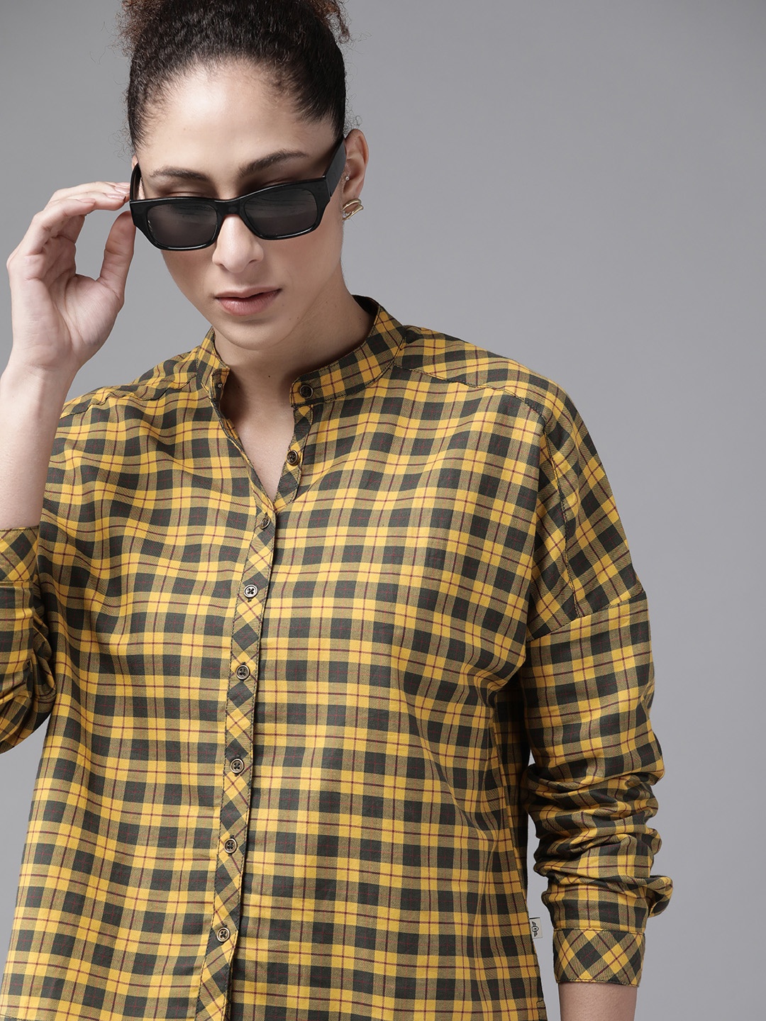 

The Roadster Lifestyle Co Women Mustard Yellow Olive Green Tartan Checked Sustainable Boxy Fit Shirt