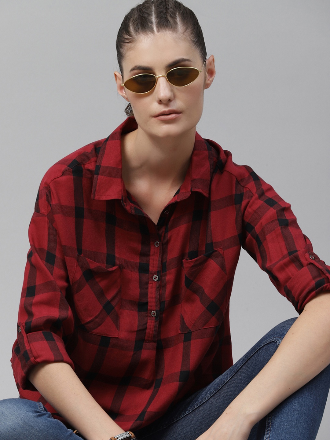 

The Roadster Lifestyle Co Women Red Black Boxy Checked Casual Shirt