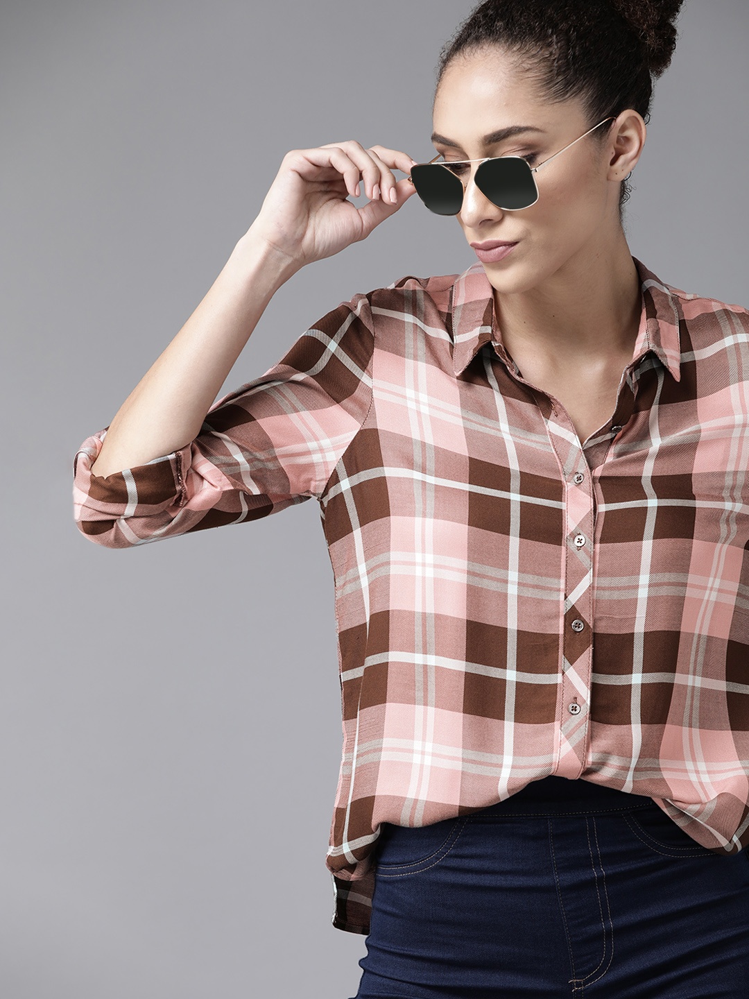 

Roadster Women Pink Brown EcoVero Tartan Checks Casual Shirt