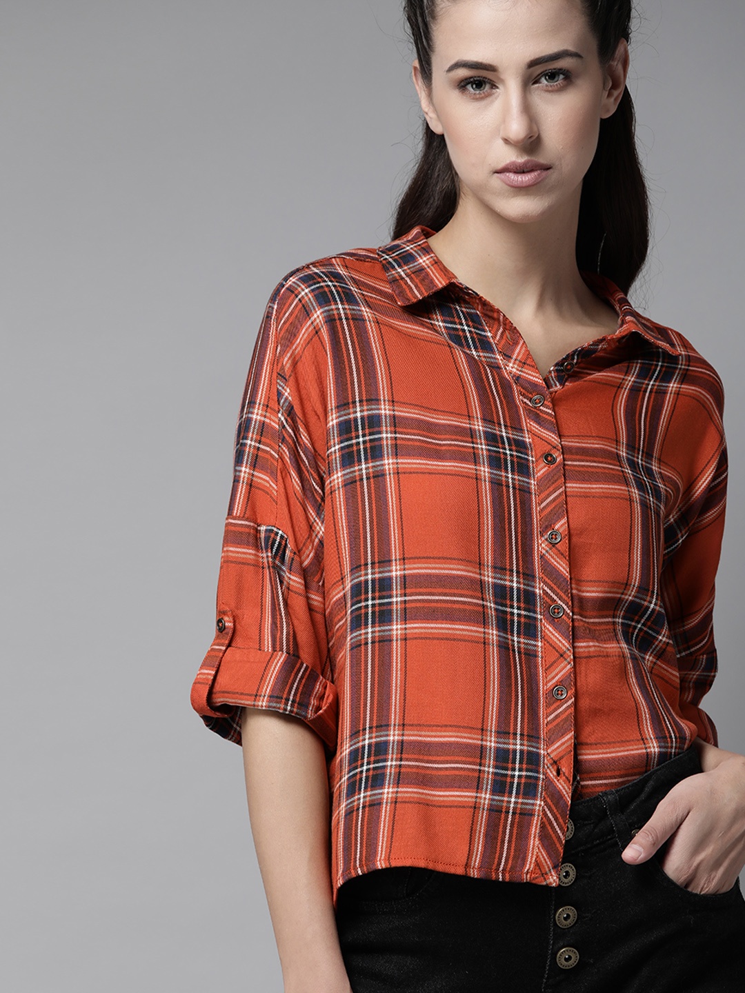 

The Roadster Lifestyle Co Women Rust Red Black Windowpane Checked Casual Shirt