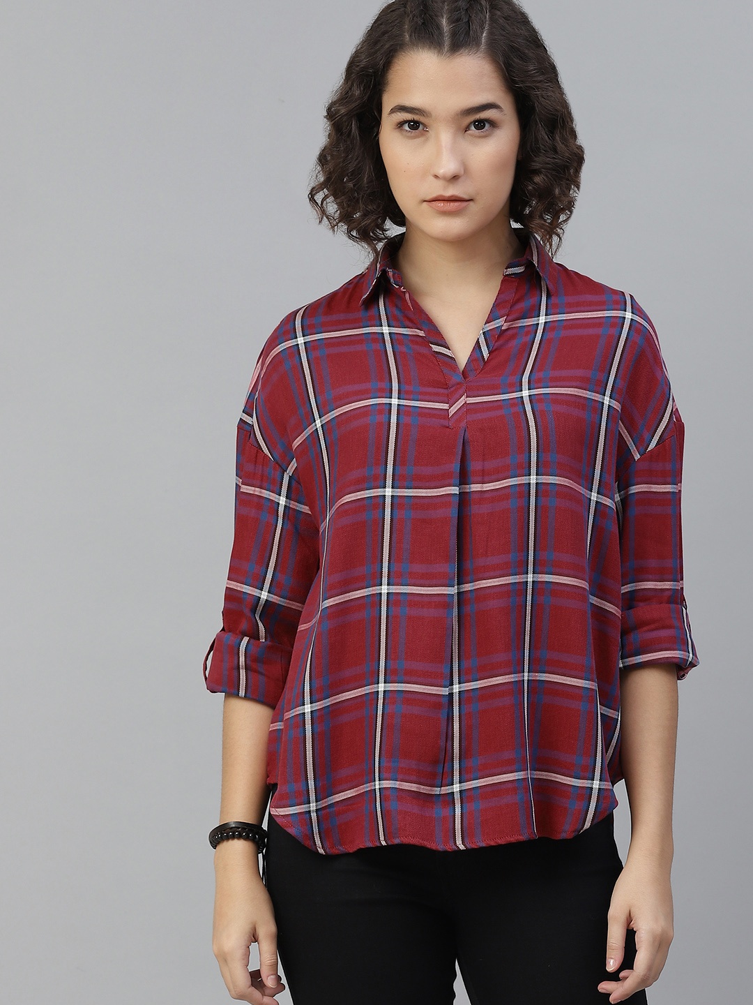 

Roadster Magenta Blue Checked Roll-Up Sleeves Shirt Style Top