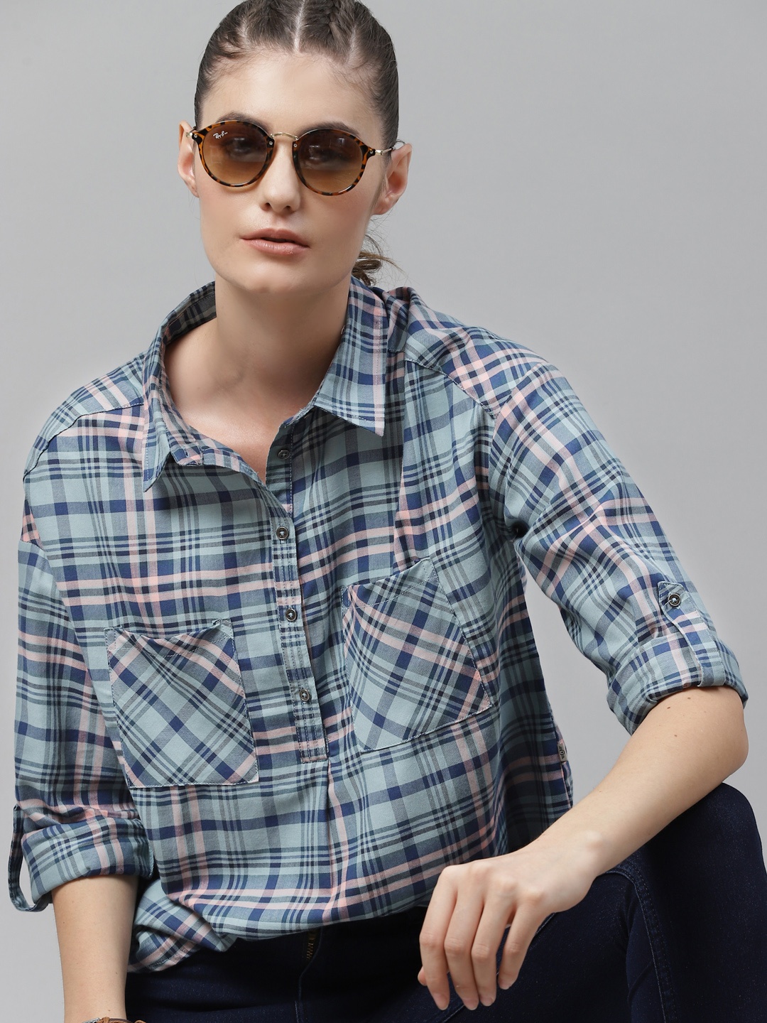 

The Roadster Lifestyle Co Women Blue Tartan Checked Boxy Casual Shirt