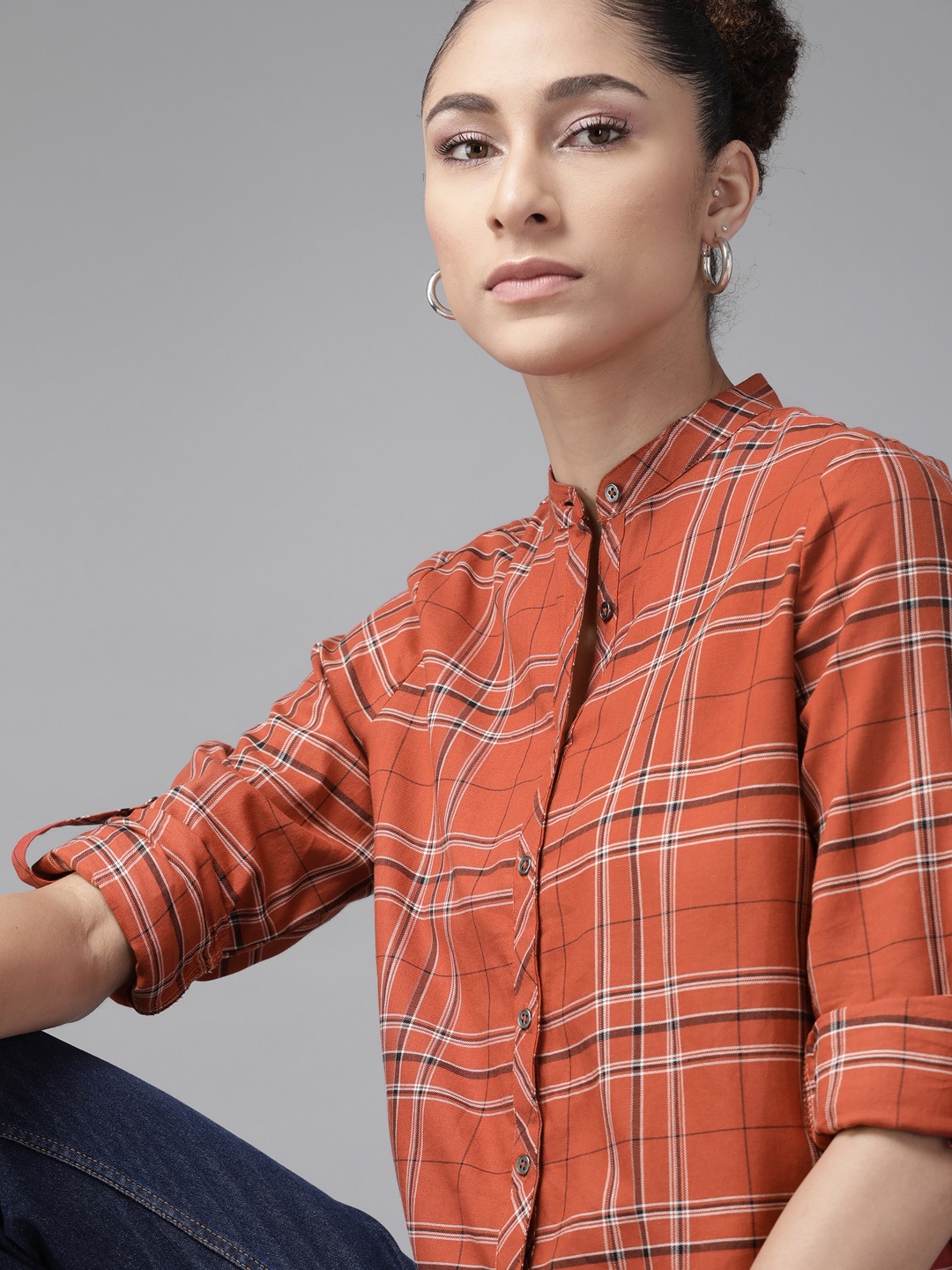 

The Roadster Lifestyle Co Women Rust Orange White Tartan Checked Casual Shirt