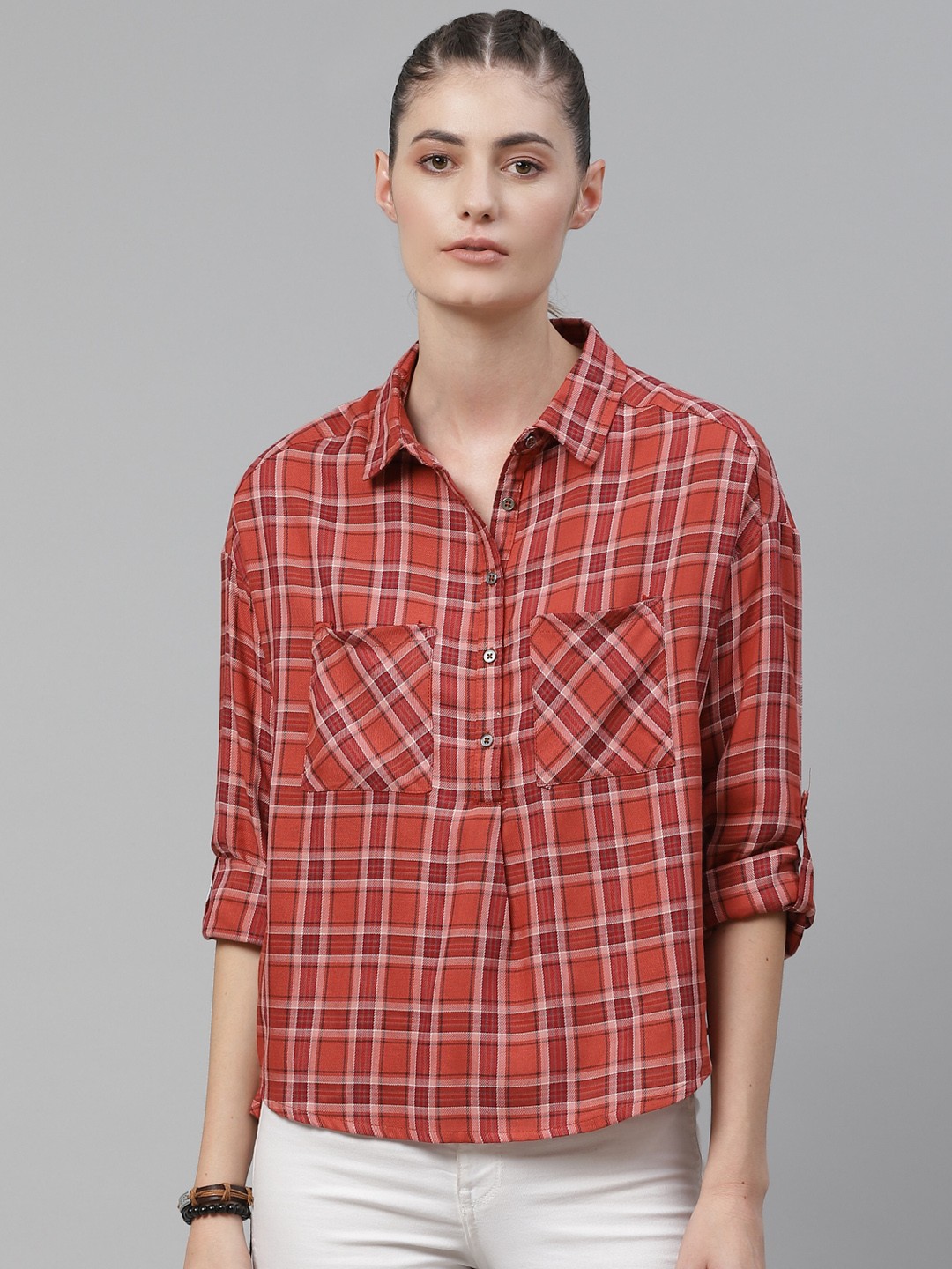 

Roadster Women Orange Maroon Boxy Checked Casual Shirt