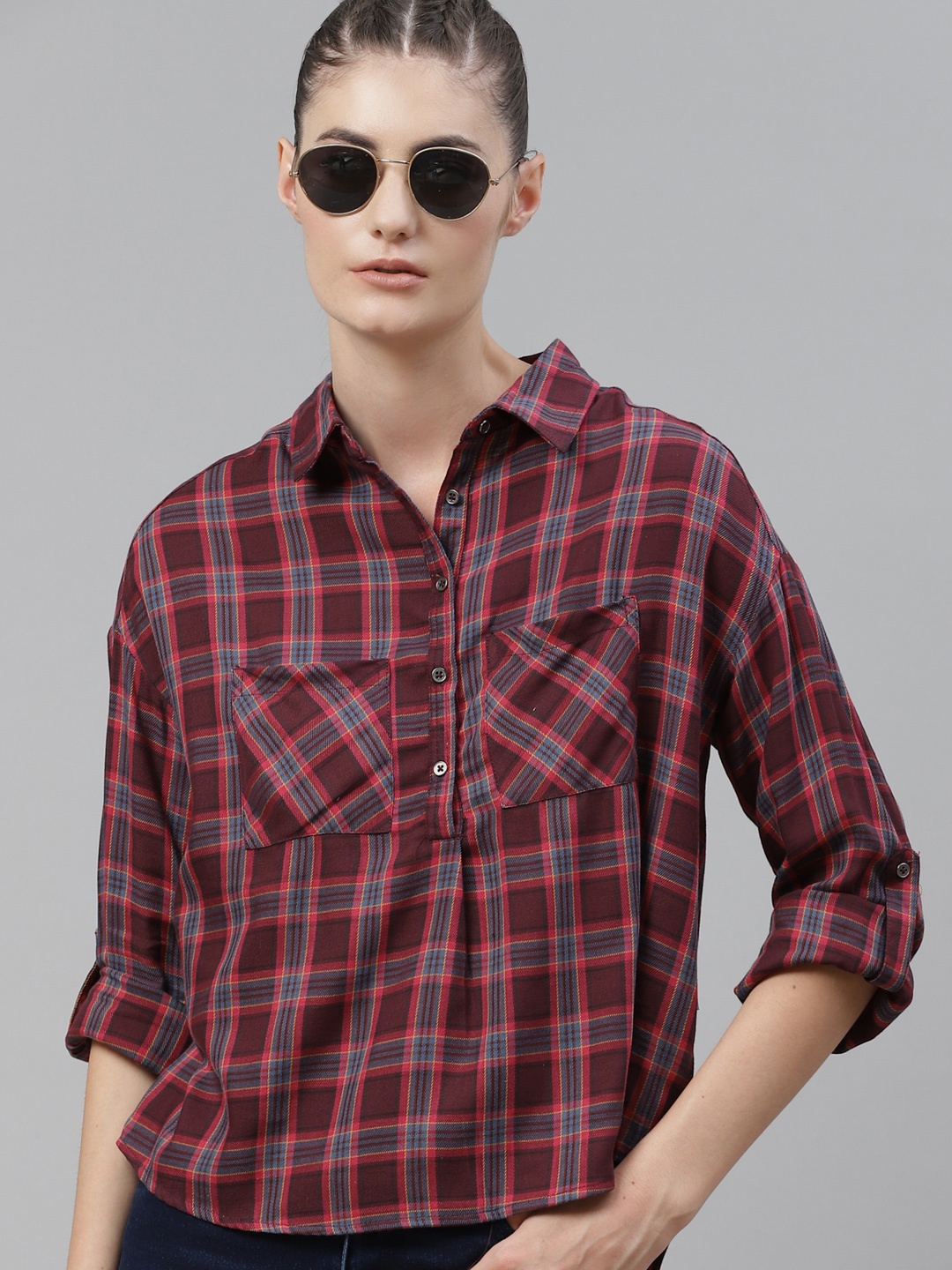 

The Roadster Lifestyle Co Women Maroon & Blue Boxy Checked Casual Shirt