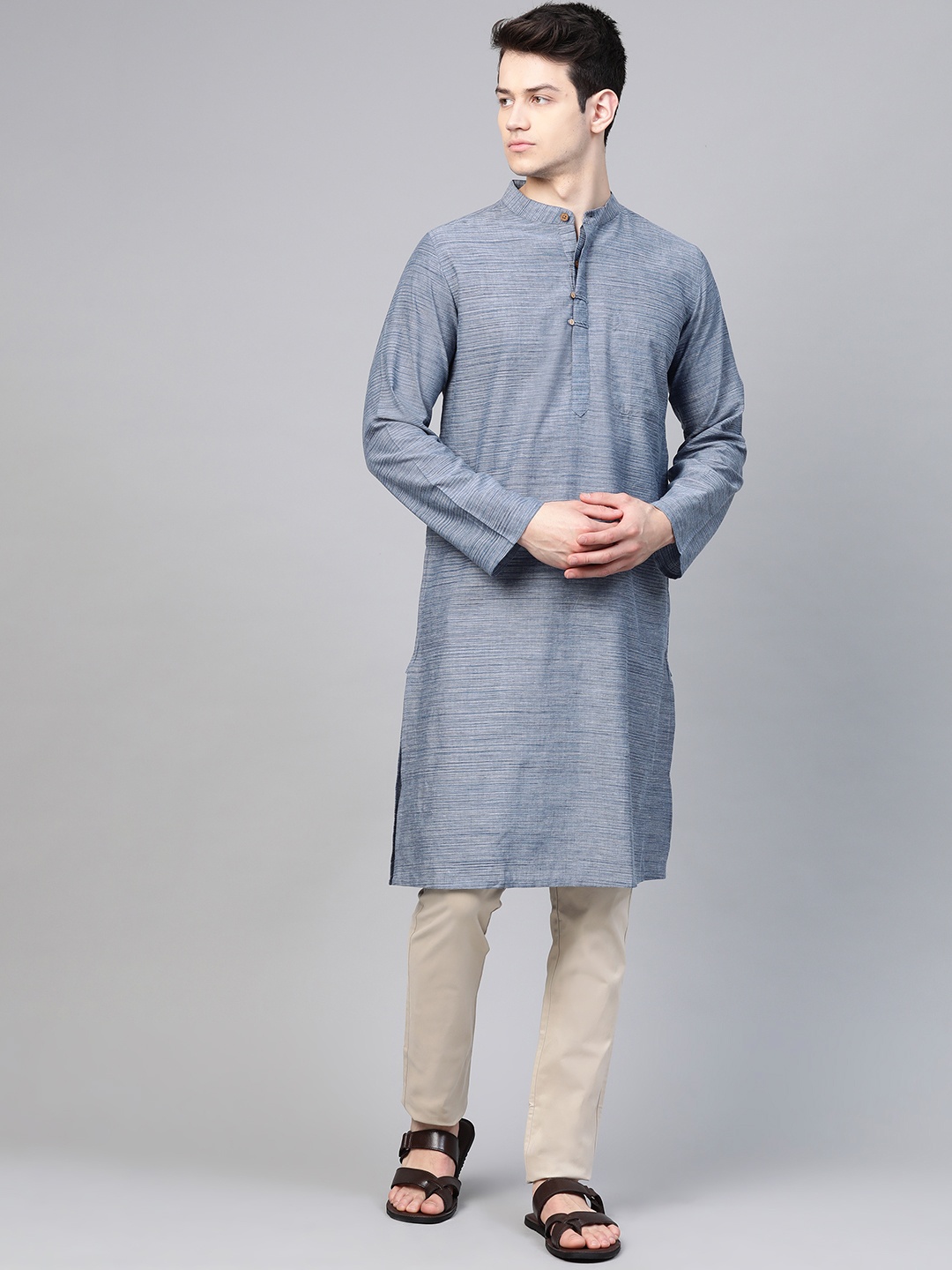 

Fabindia Men Blue Pure Cotton Self-Striped Straight Kurta