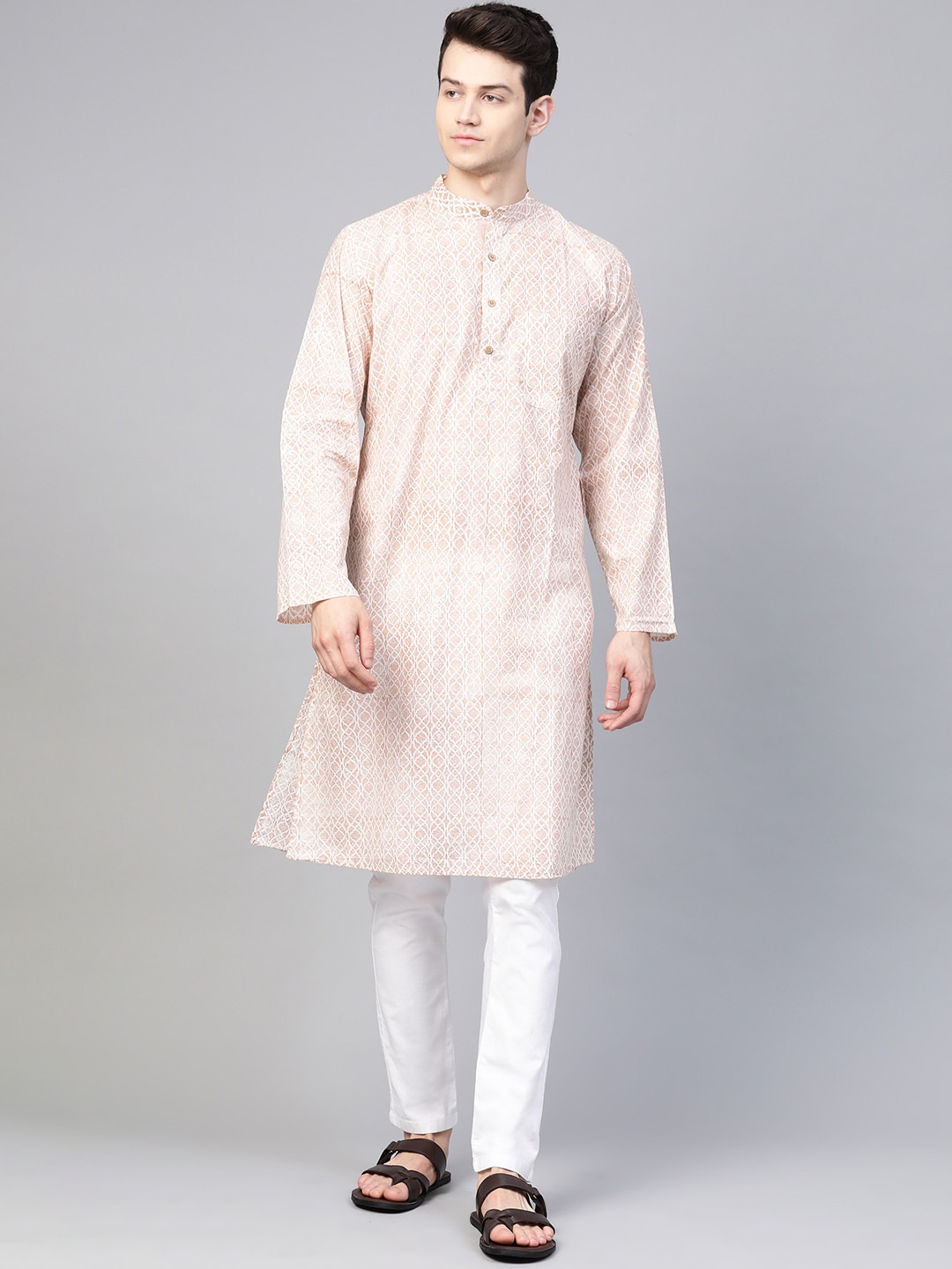

Fabindia Men White & Beige Pure Cotton Handblock Print Straight Kurta