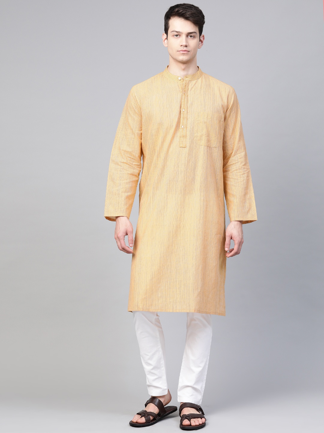 

Fabindia Men Yellow Pure Cotton Self-Striped Straight Kurta