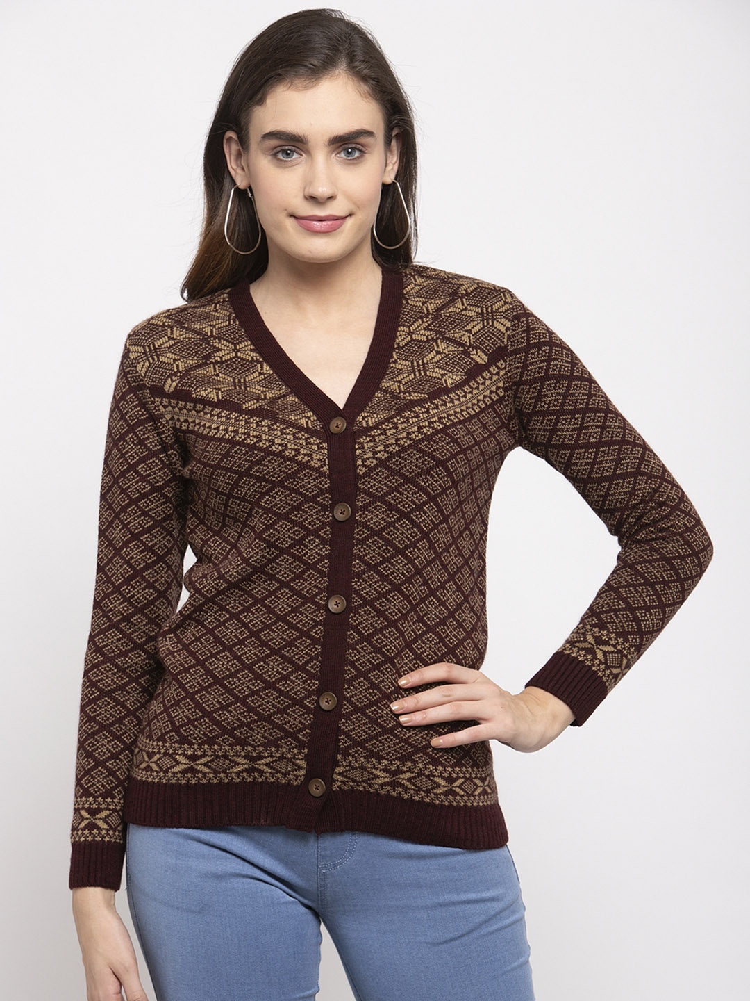 

Kalt Women Maroon & Beige Self-Design Acrylic Cardigan Sweater