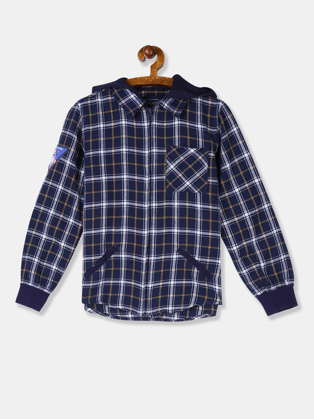 

Cherokee Boys Navy Blue & Off-White Checked Casual Hooded Shirt