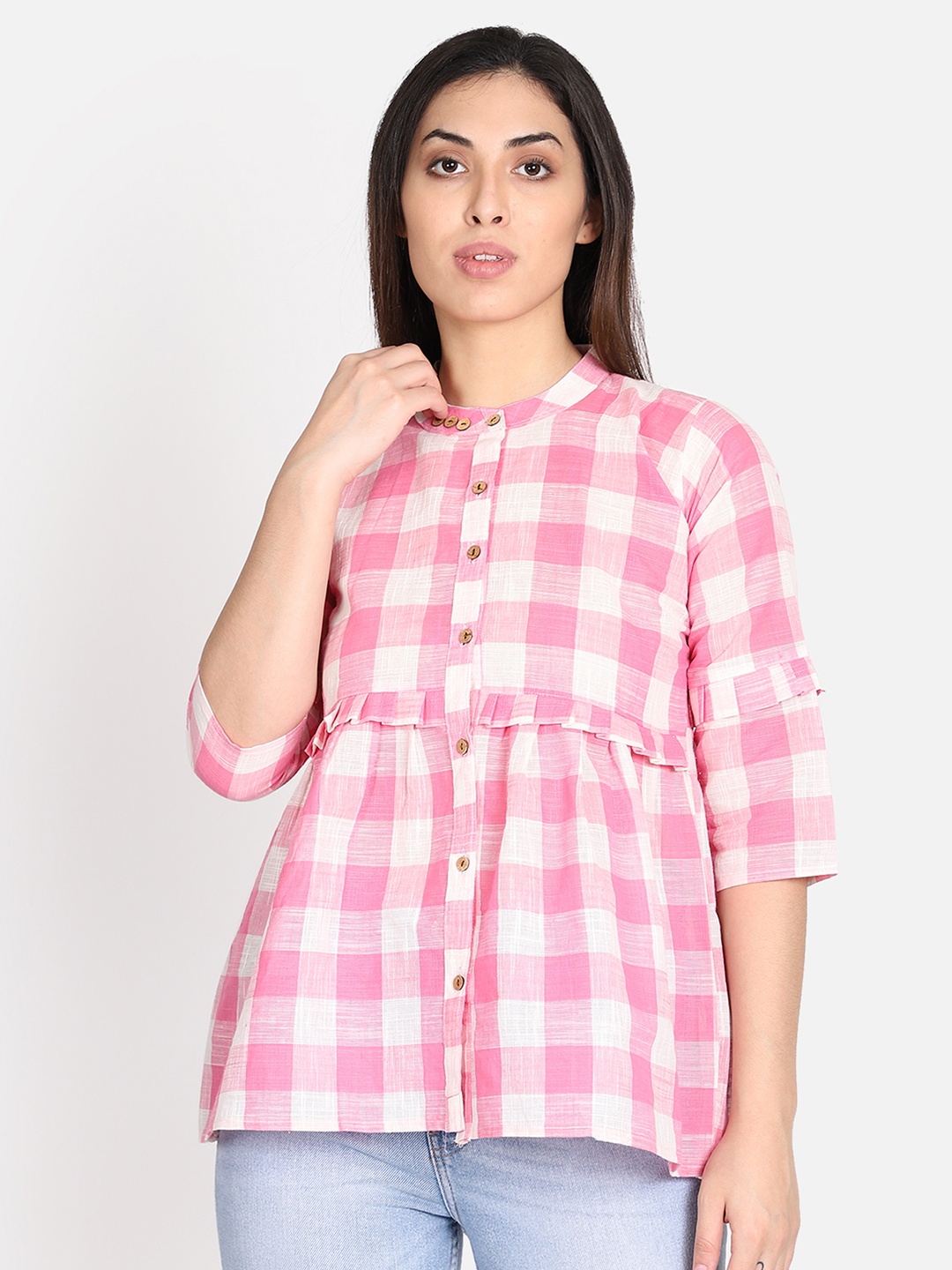 

Resha Women Pink & White Checked Handloom A-Line Top