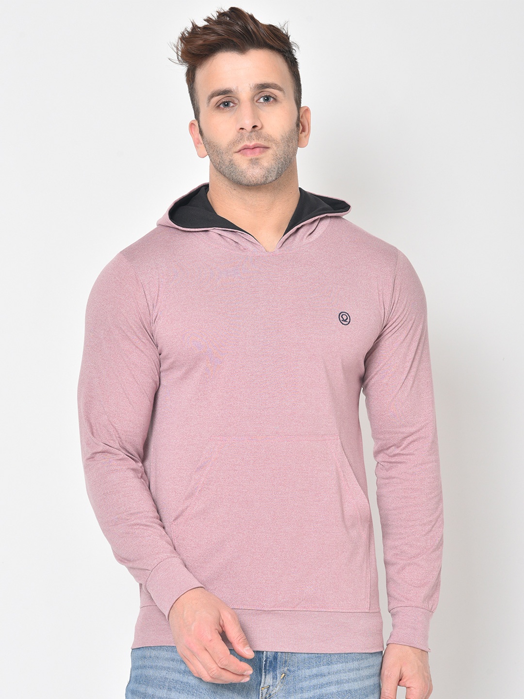 

CHKOKKO Men Pink Solid Hooded Sweatshirt