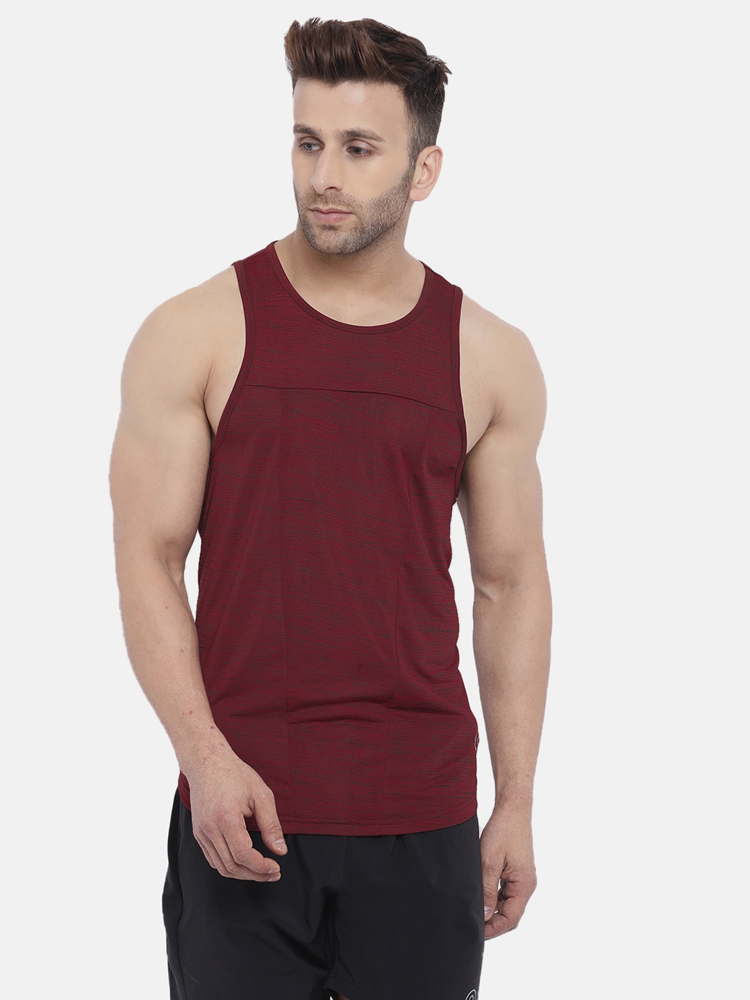 

Chkokko Men Burgundy Printed Round Neck Gym T -Shirt