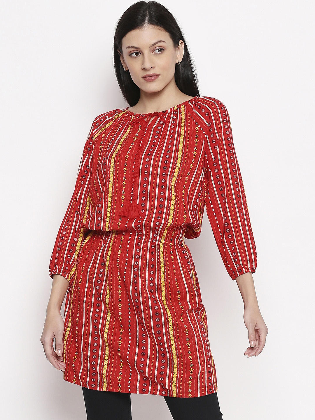 

People Red & Yellow Viscose Rayon Striped Tunic