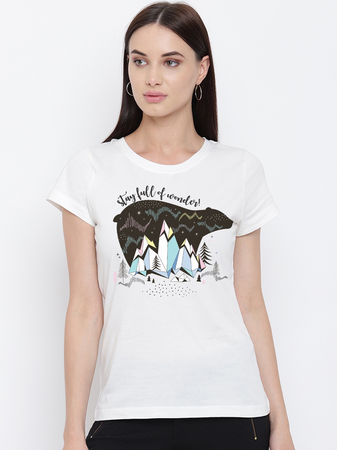 

THREADCURRY Women White Printed Round Neck T-shirt