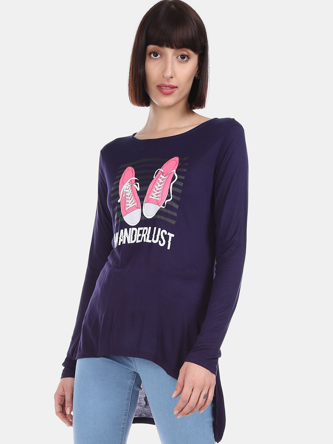

Cherokee Women Navy Blue Printed High-Low Top