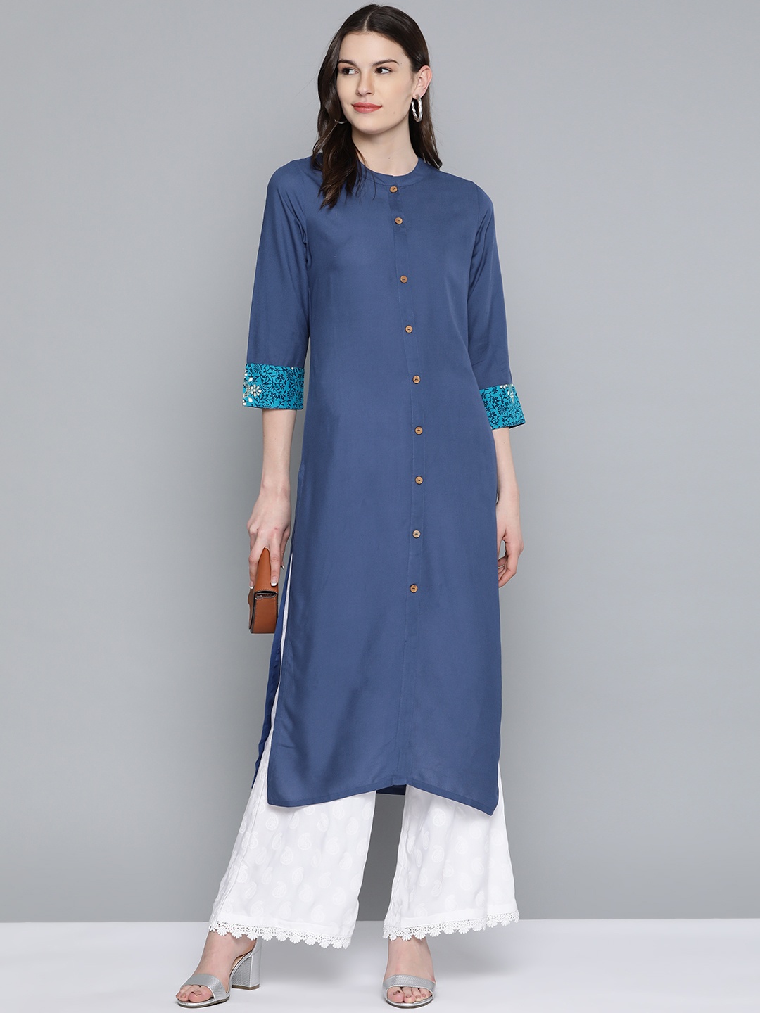 

HERE&NOW Women Blue Solid Straight Kurta