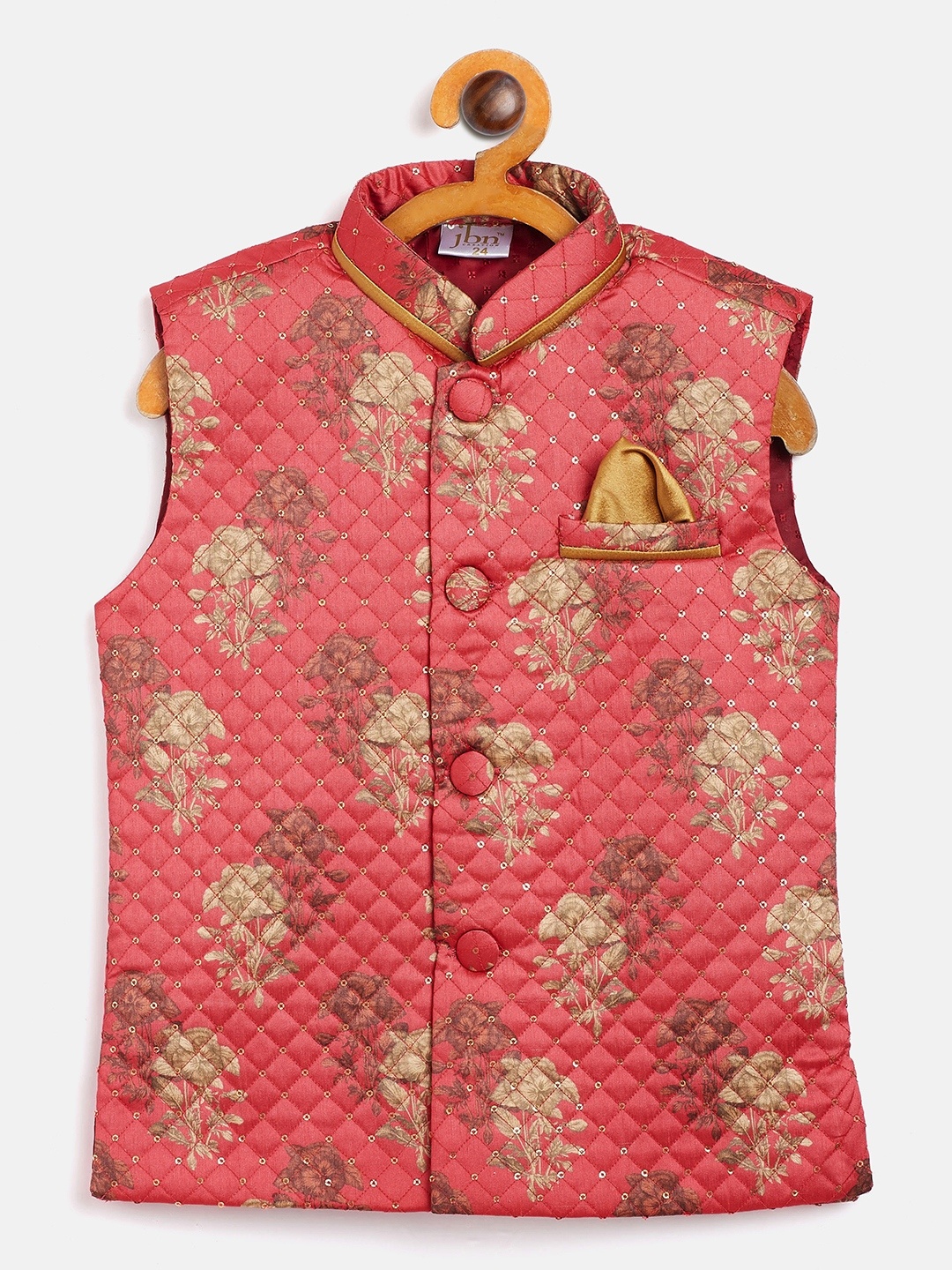 

JBN Creation Boys Coral Pink & Gold Floral Print & Sequinned Quilted Nehru Jacket