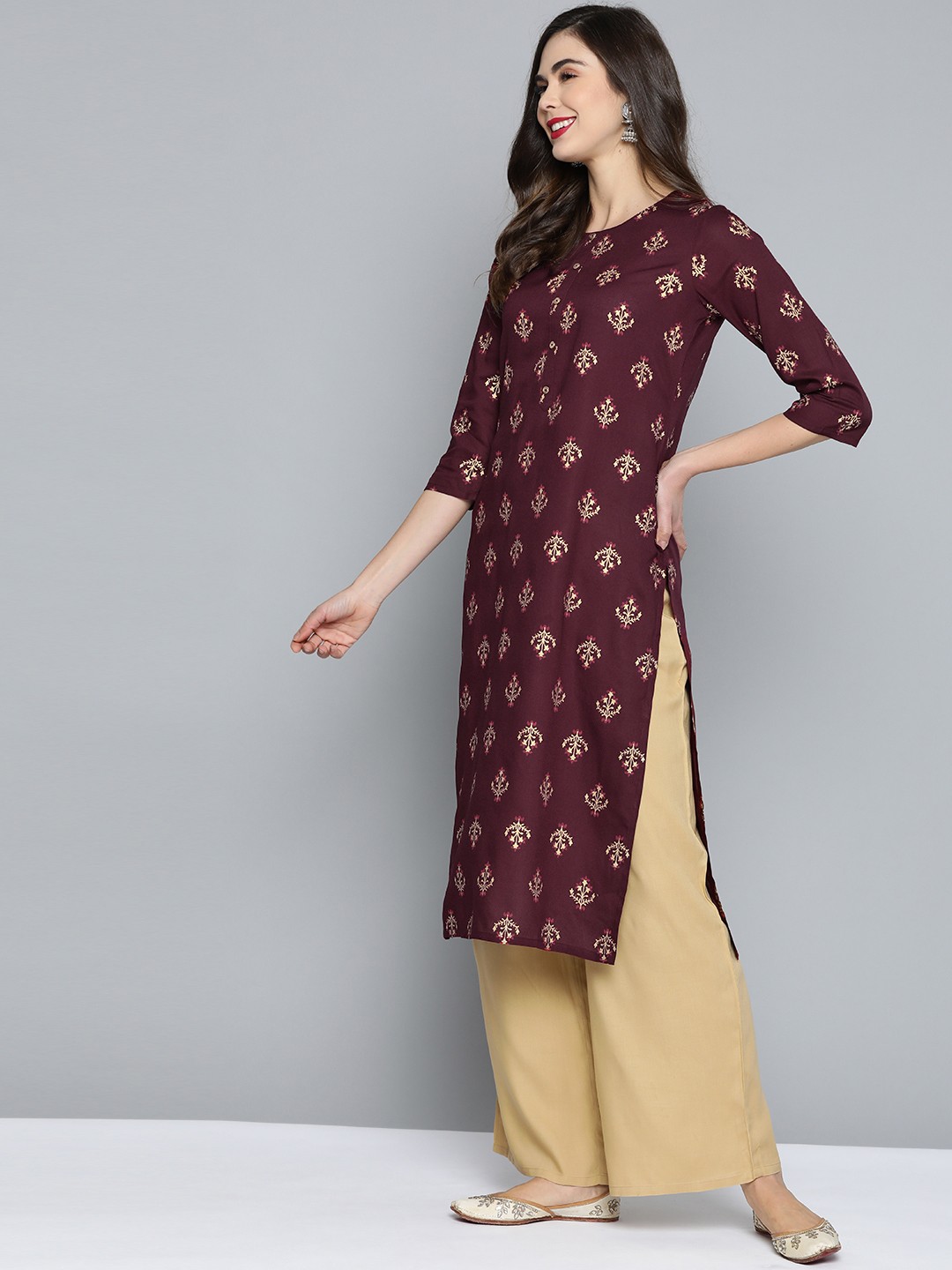 

HERE&NOW Women Maroon & Beige Printed Kurta with Palazzos