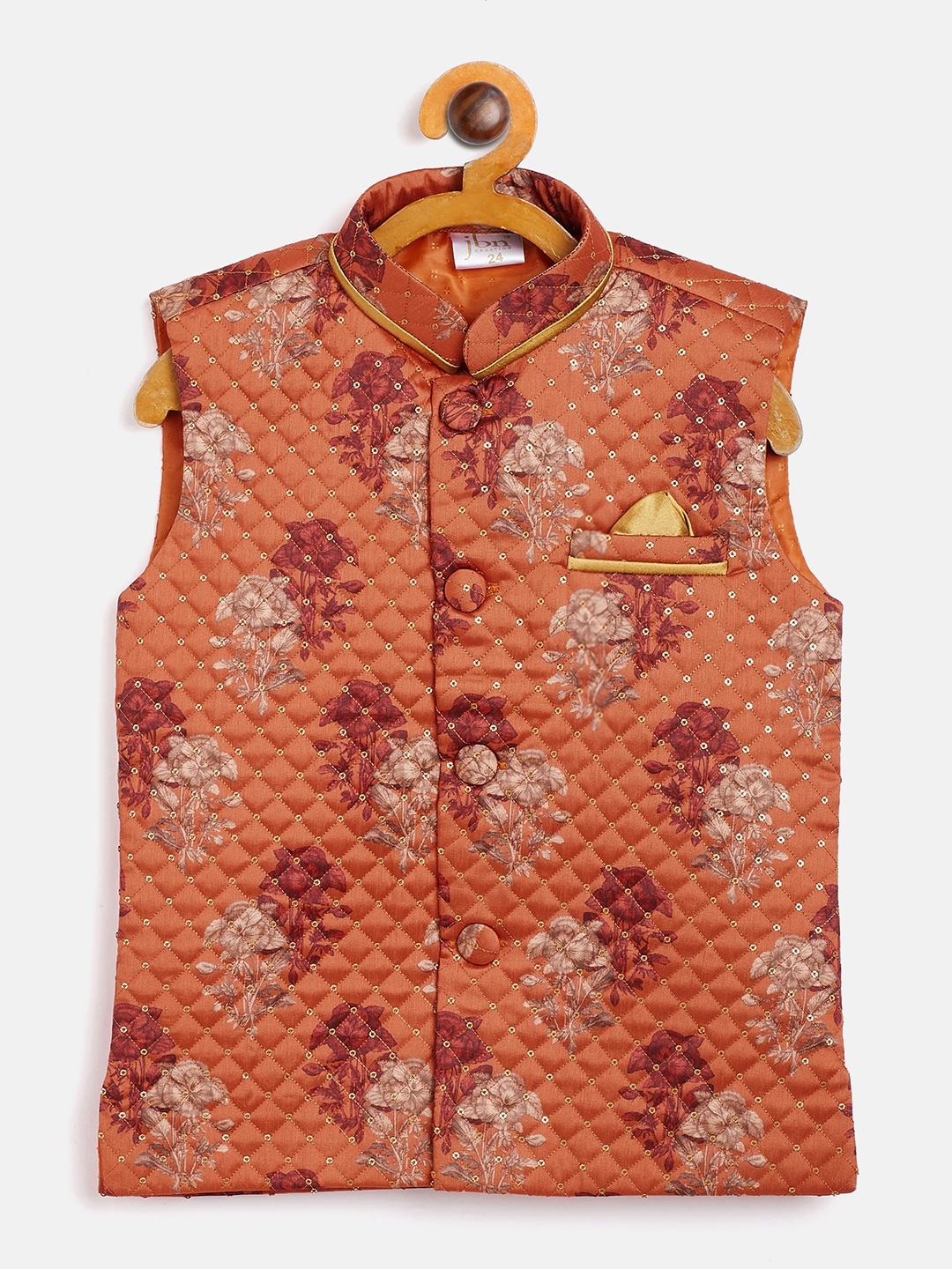 

JBN Creation Boys Rust Orange & Red Floral Print & Sequinned Quilted Nehru Jacket