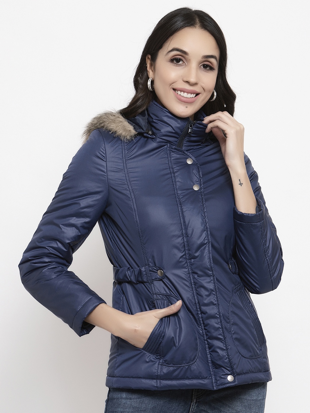

Gipsy Women Navy Blue Solid Padded Jacket