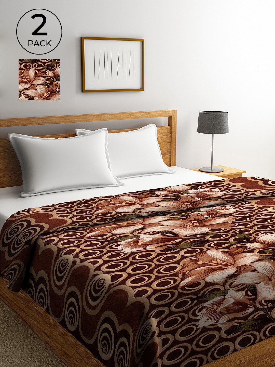

KLOTTHE Set of 2 Brown & Off White Floral Double King Size AC Room 233 GSM Mink Comforters
