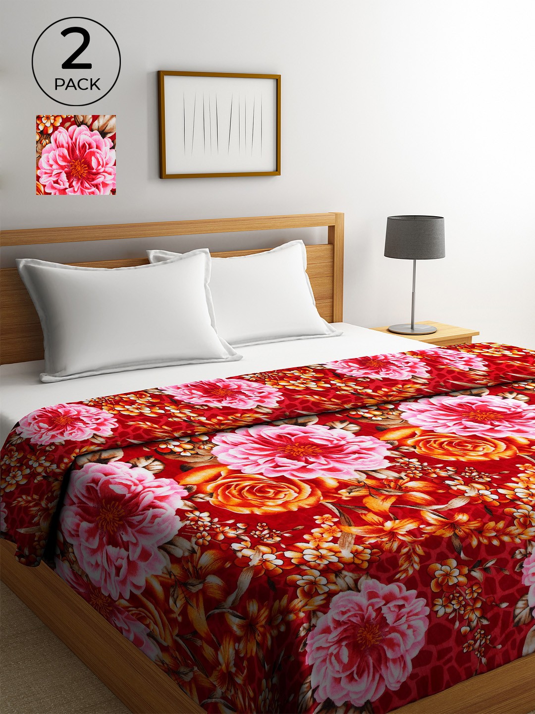

KLOTTHE Set of 2 Red & Pink Floral Double King Size AC Room 233 GSM Mink Comforters