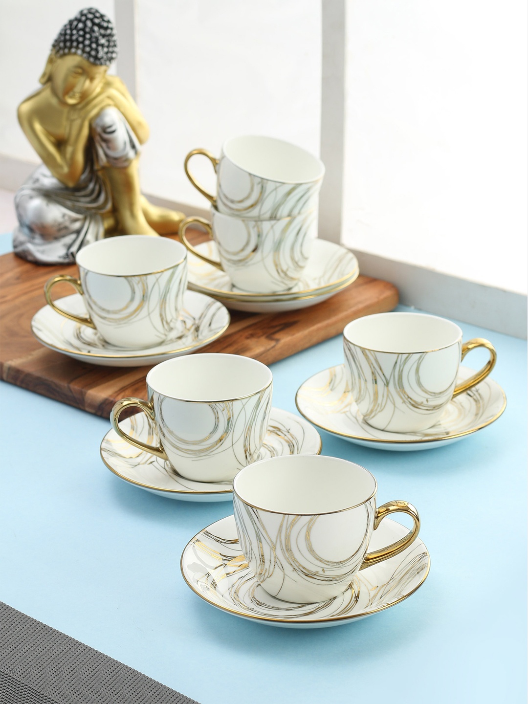 

CLAY CRAFT White & Gold-TonedPrinted Ceramic Cups and Saucers Set