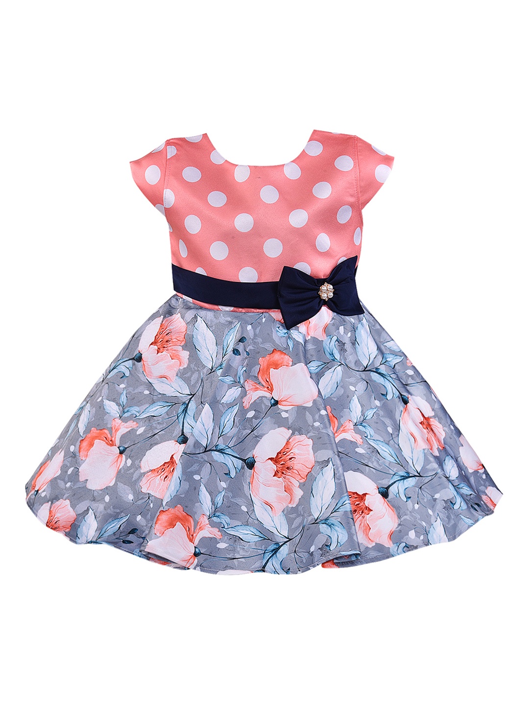 

Wish Karo Girls Peach-Coloured & Blue Printed Fit and Flare Dress