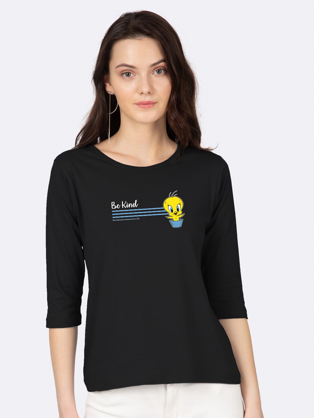 

Bewakoof Women Black Tweety Printed Round Neck Lightweight Pure Cotton T-shirt