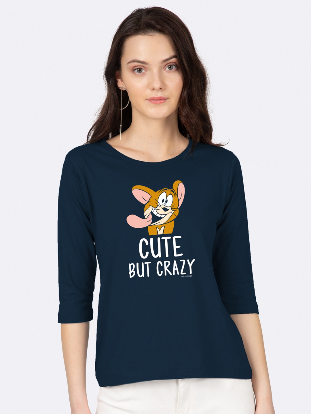 

Bewakoof Women Blue Jerry Cute But Crazy Printed Round Neck T-shirt