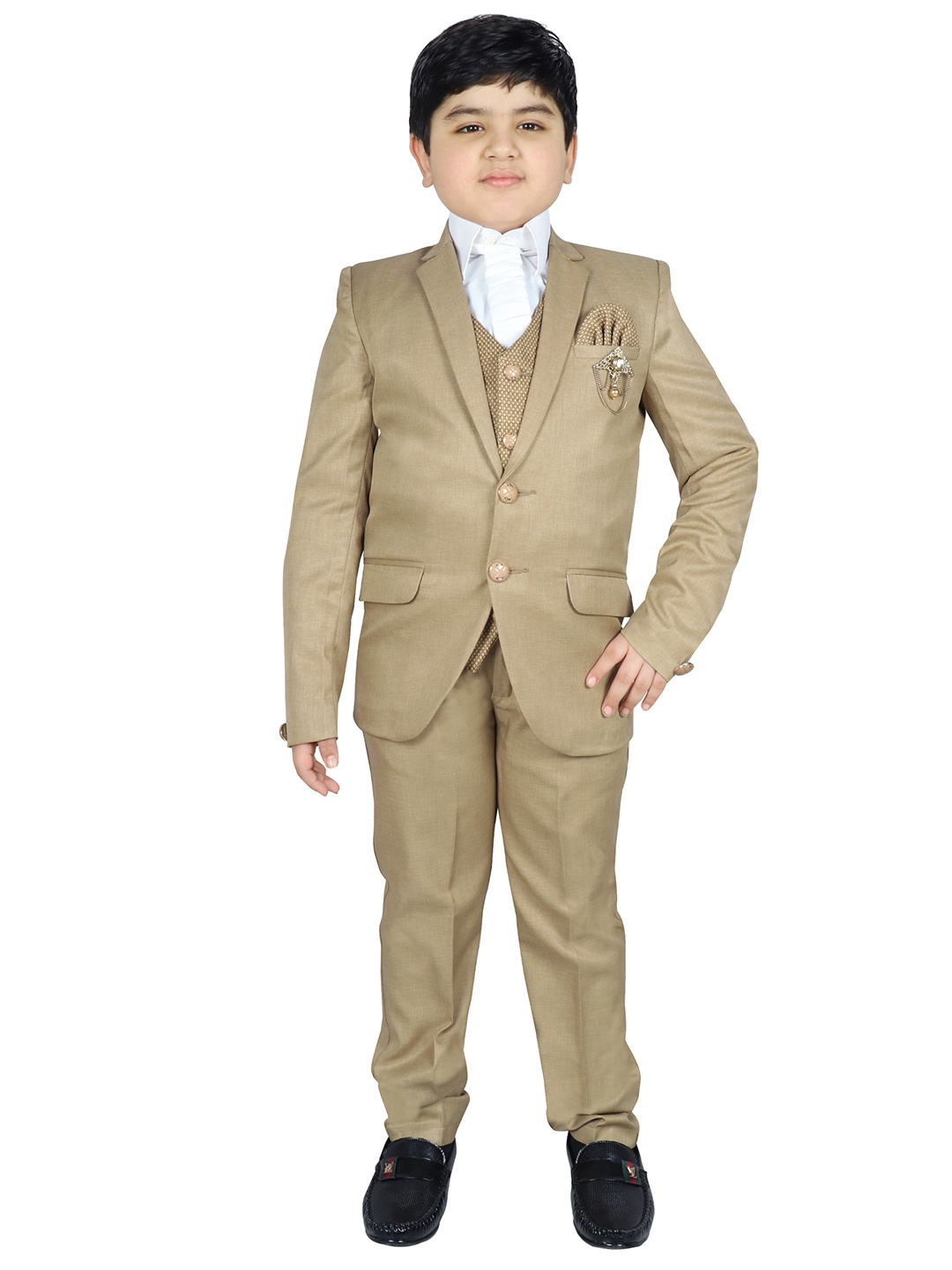 

SG YUVRAJ Boys Olive Brown Solid Single Breasted Ethnic Suit